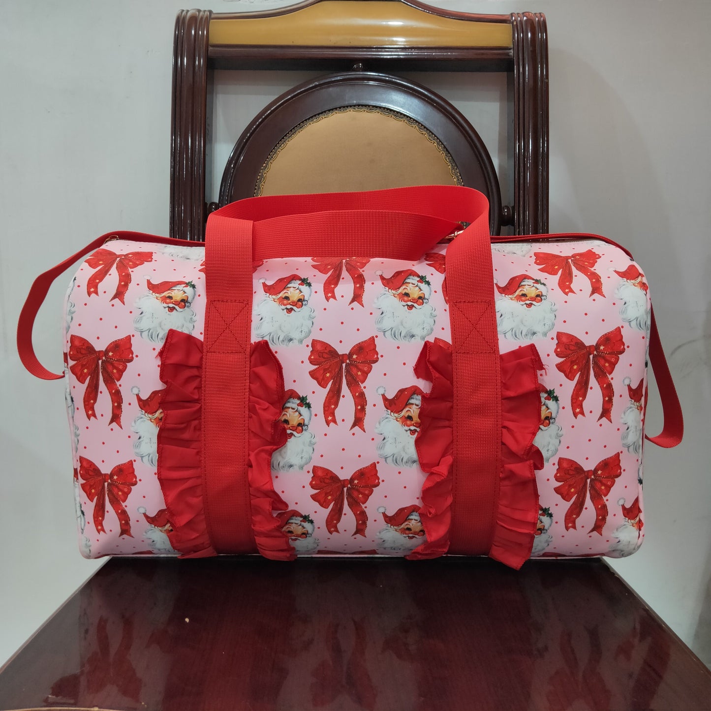 RTS NO MOQ(In Stock ) BA0306 Santa Claus red bow pattern lace gym bag