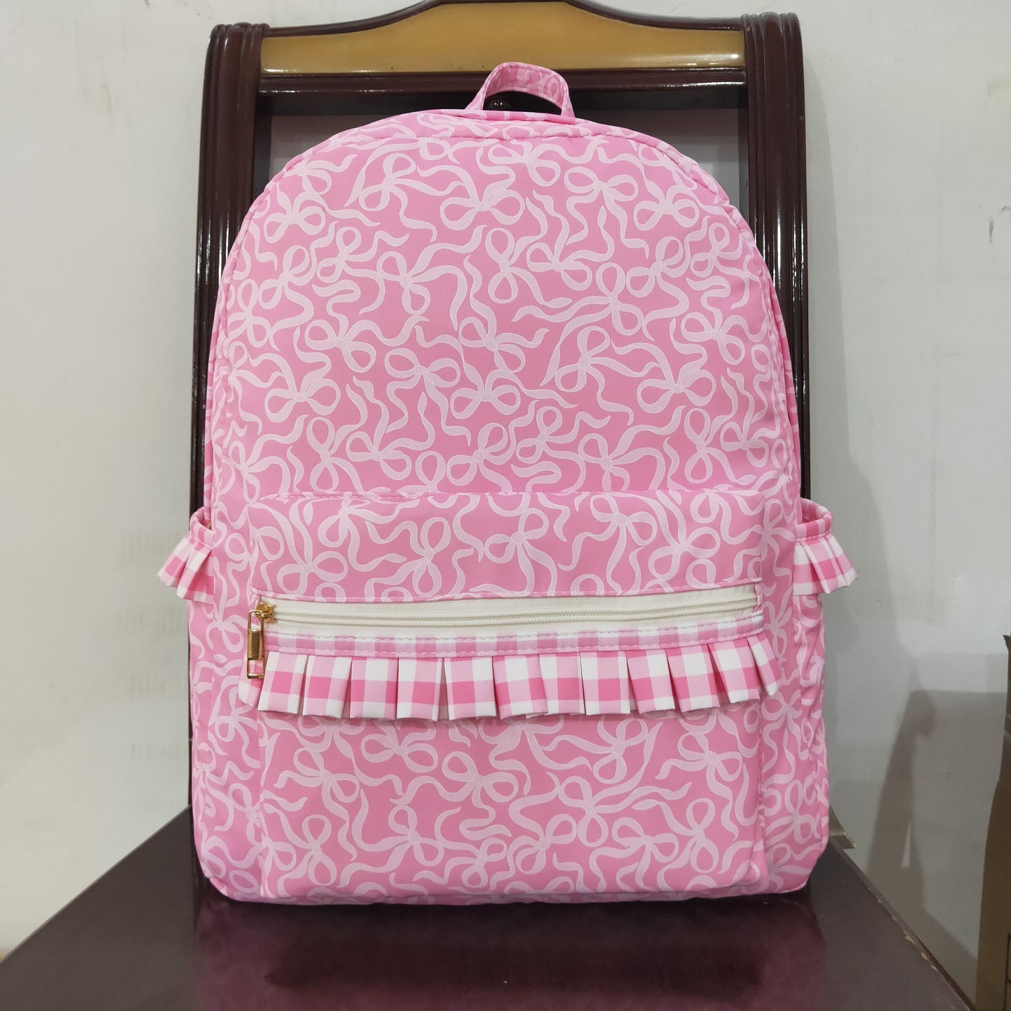 RTS NO MOQ(In Stock) BA0308 Pink backpack with bow pattern and plaid lace