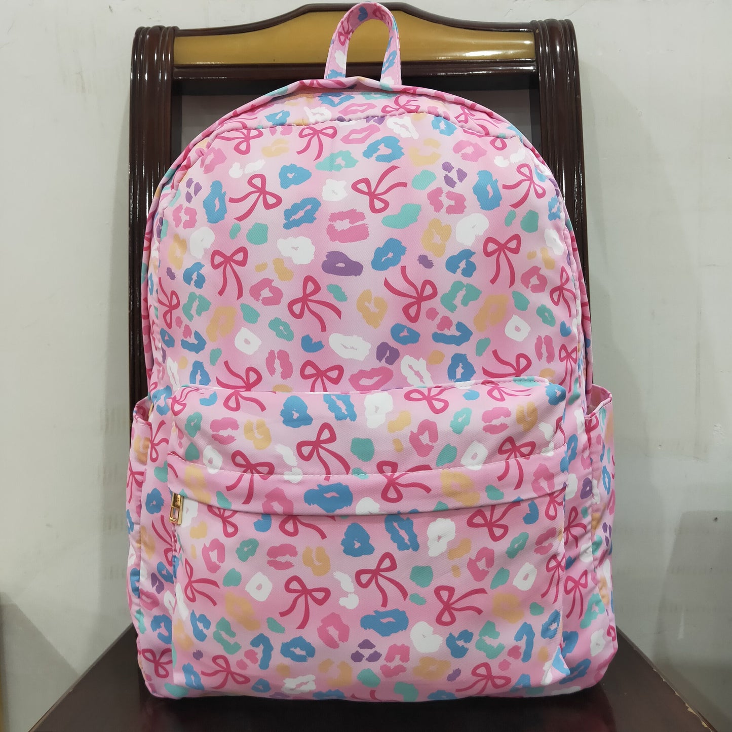 RTS NO MOQ(In Stock) BA0319 Pink backpack with a colorful leopard print bow pattern