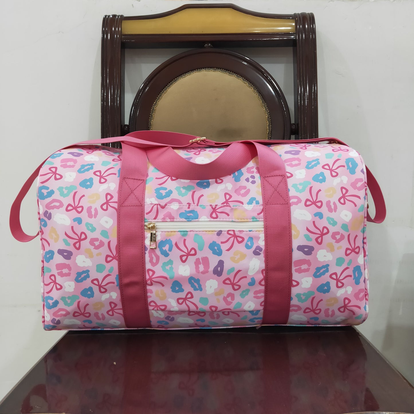 RTS NO MOQ(In Stock ) BA0320 Colorful leopard print bow pattern and pink lace gym bag