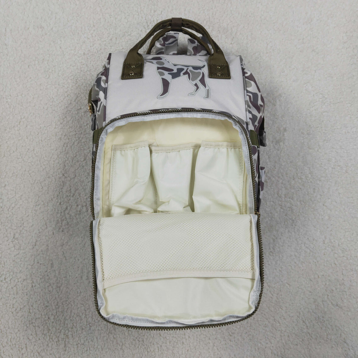 NEW RTS NO MOQ Bag BA0403 Embroidery Grey Camo Embroidery Dogs Zipper Mommy Diaper Backpacks Bags