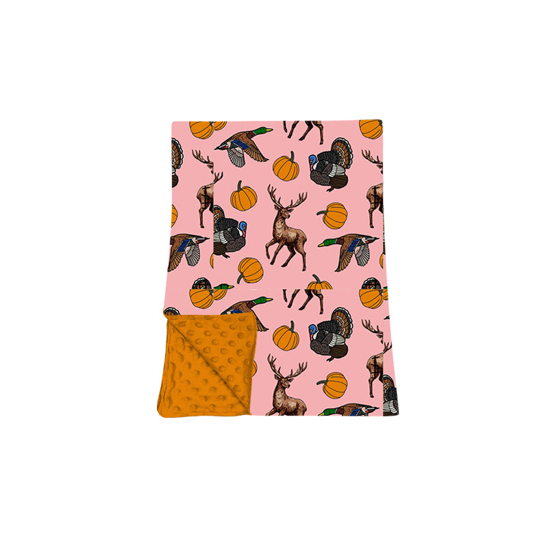 (Preorder new) No moq Girls Pumpkins Pink Thanksgiving Hunting Animal Print Long Sleeve Matching Pajamas Set Romper Blankets