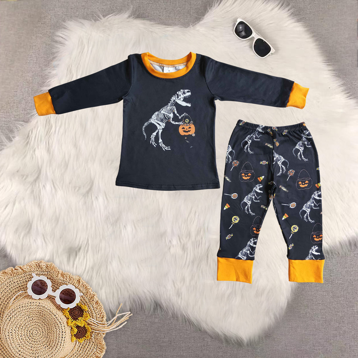 RTS NO MOQ Sibling Baby boy clothes halloween pumpkin Long Sleeve Pants Set