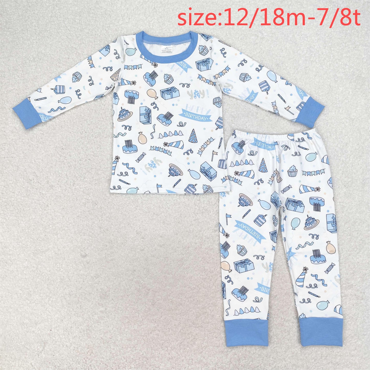 RTS NO MOQ(In Stock)Happy birthday birthday cake blue and white long-sleeved trousers pajamas set