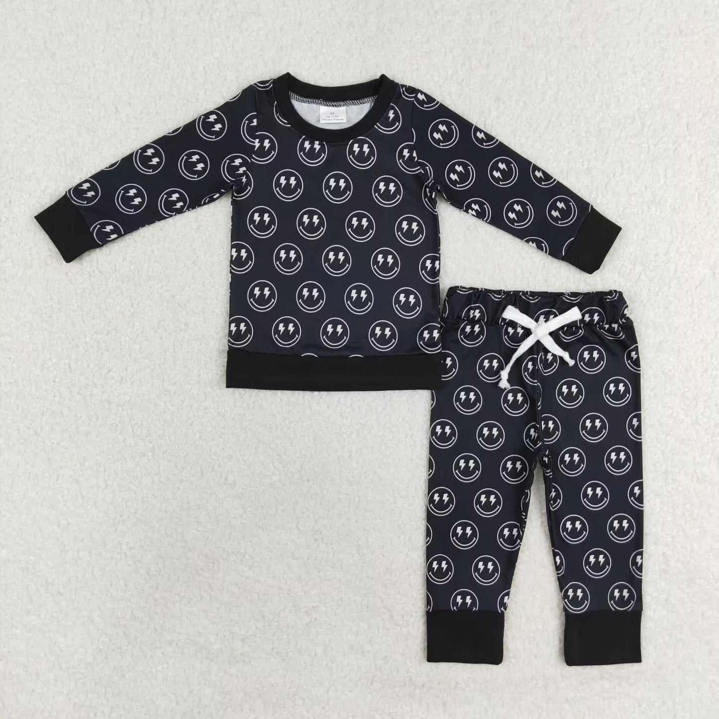 RTS NO MOQ(In Stock) Lightning Smiley Face Black Long Sleeve Pants Set