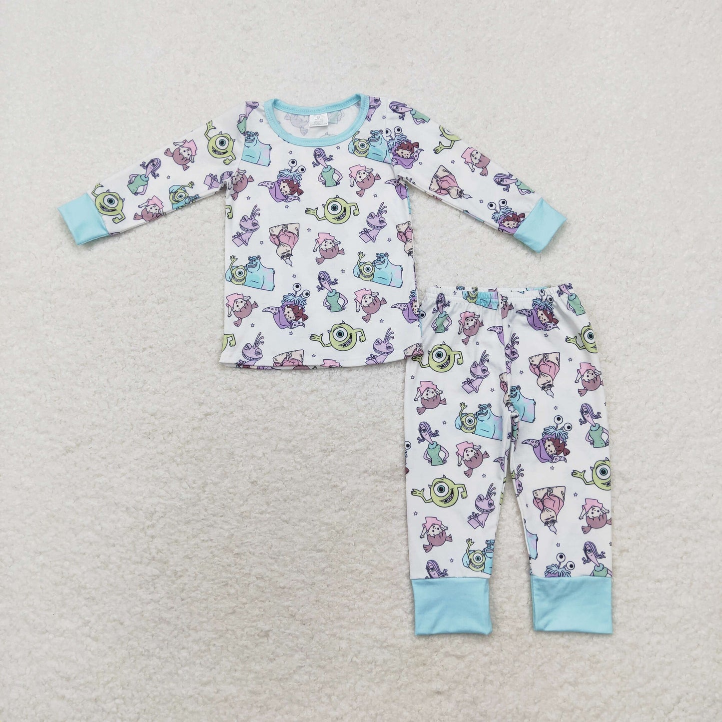 RTS NO MOQ(In Stock) Modal Monsters University blue and white long-sleeved long pants pajama set