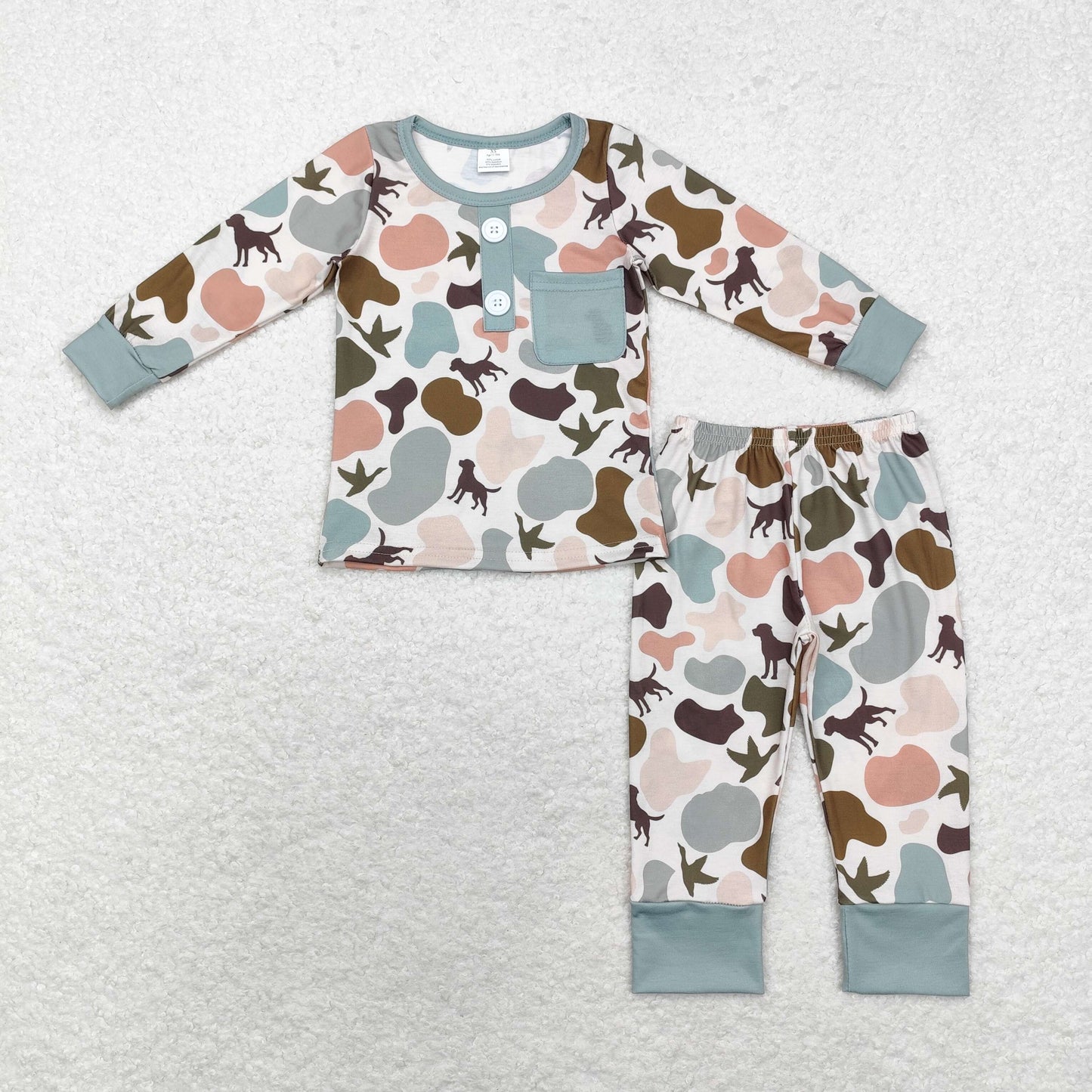 RTS NO MOQ(In Stock) Modal puppy duck camouflage green pocket long-sleeved trousers pajama set