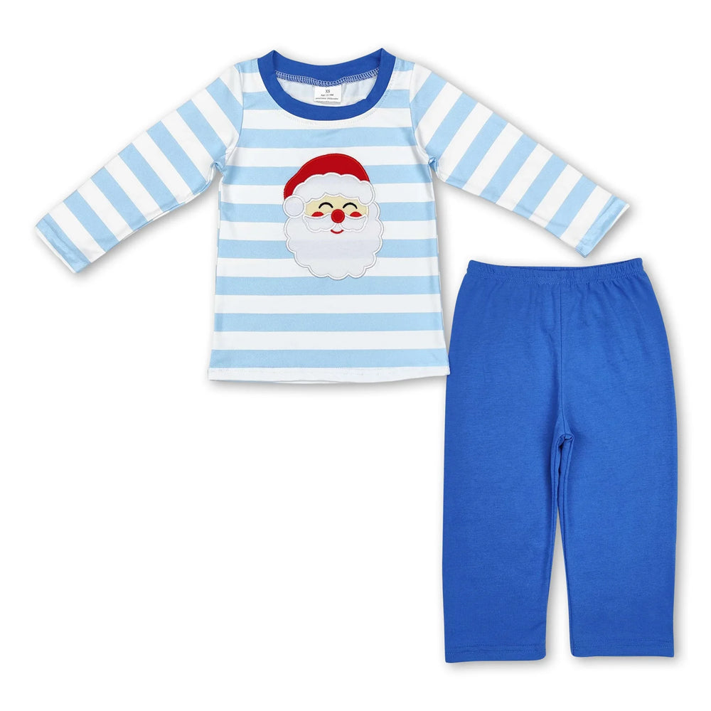 RTS NO MOQ Sibling milk silk Baby Boys Cute Blue Striped Santa Print Top Pants Holiday Photo Matching Outfit Sets