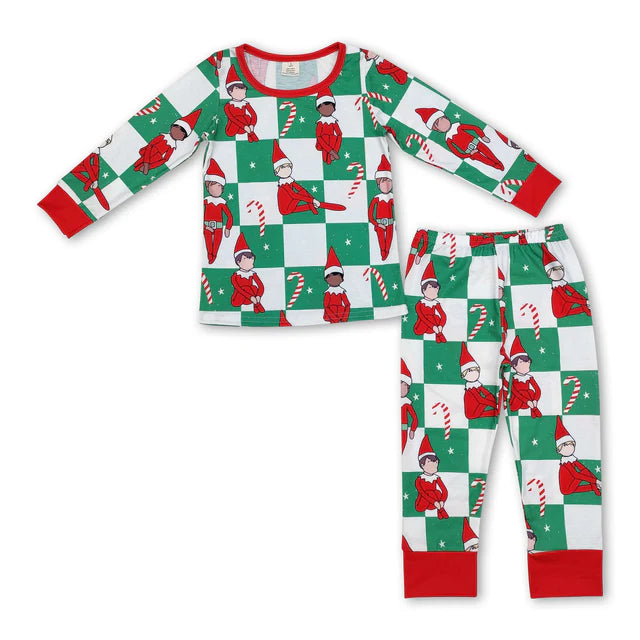 RTS NO MOQ Sibling milk silk Baby Boys Santa Tree Print Top Checkered Pants Bamboo Fabric Christmas Pajamas Outfit