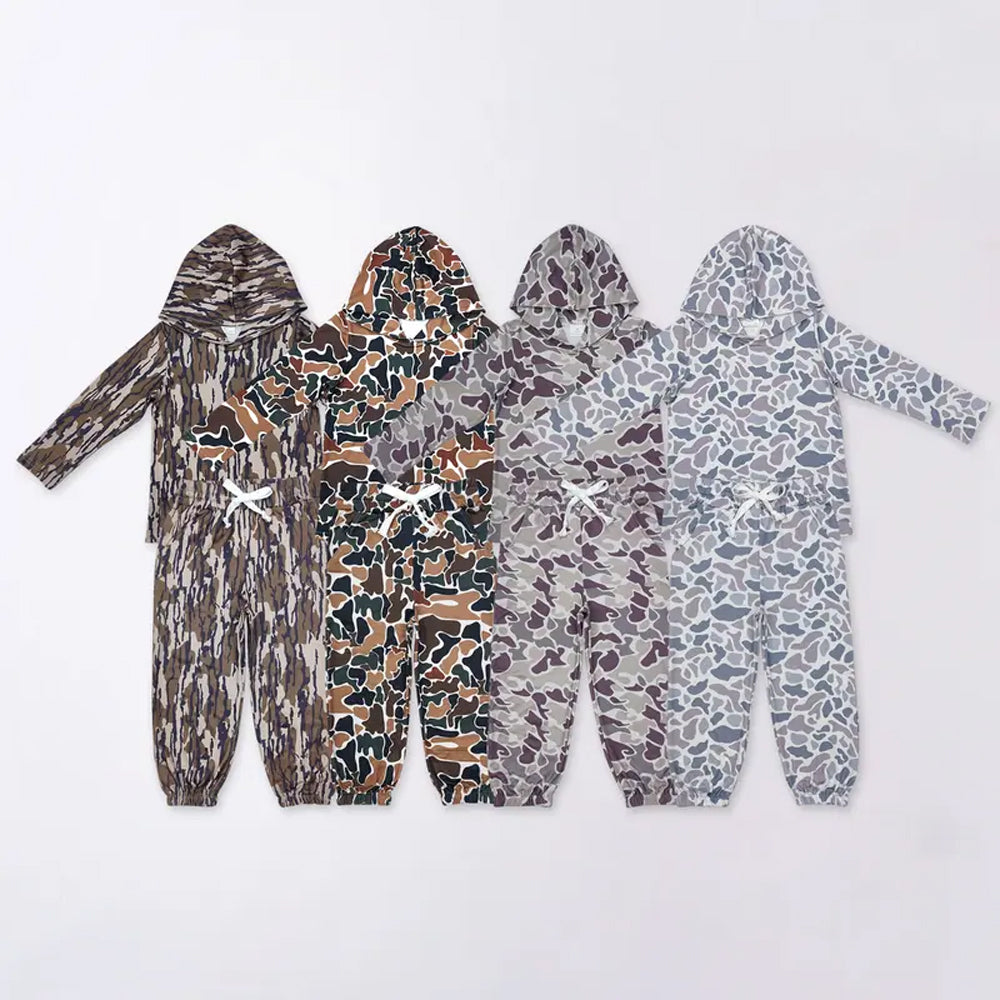 RTS NO MOQ Sibling Baby boy camouflage hoodedTop Bell Pants Clothes Sets
