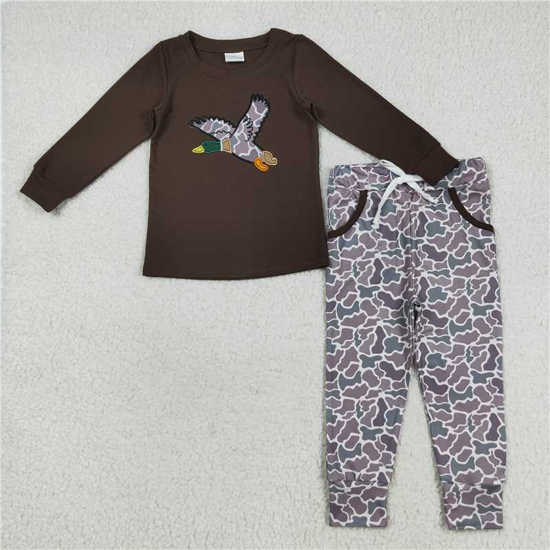 RTS NO MOQ(In Stock) BLP1123 baby boy clothes Embroidered Camouflage duck Long Sleeve Pants Set