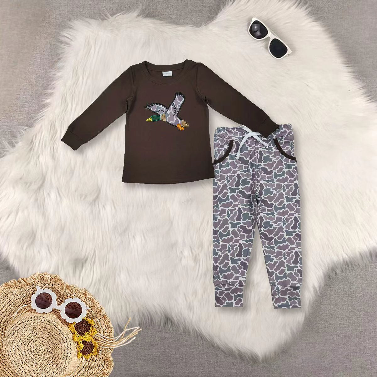 RTS NO MOQ Sibling baby boy clothes embroidery duck long-sleeved suits