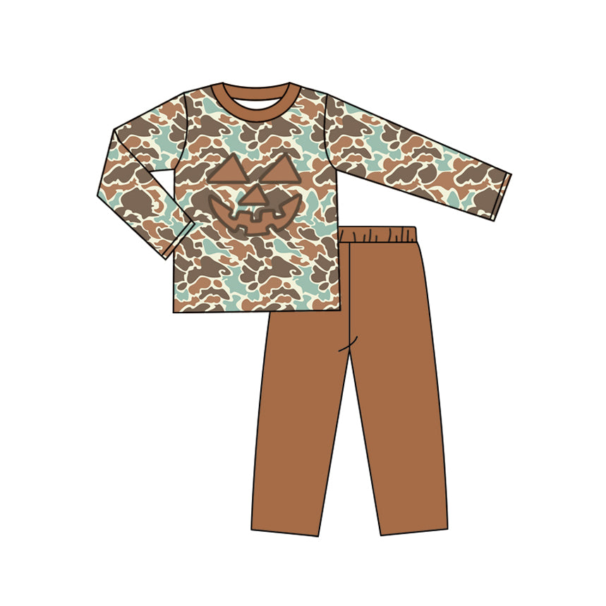 (Pre Order) No moq BLP1193 Baby Boys Fall Western Brown Camo Ghost Pumpkin Crew Neck Long Sleeve Tee Pants Casual Clothes Set