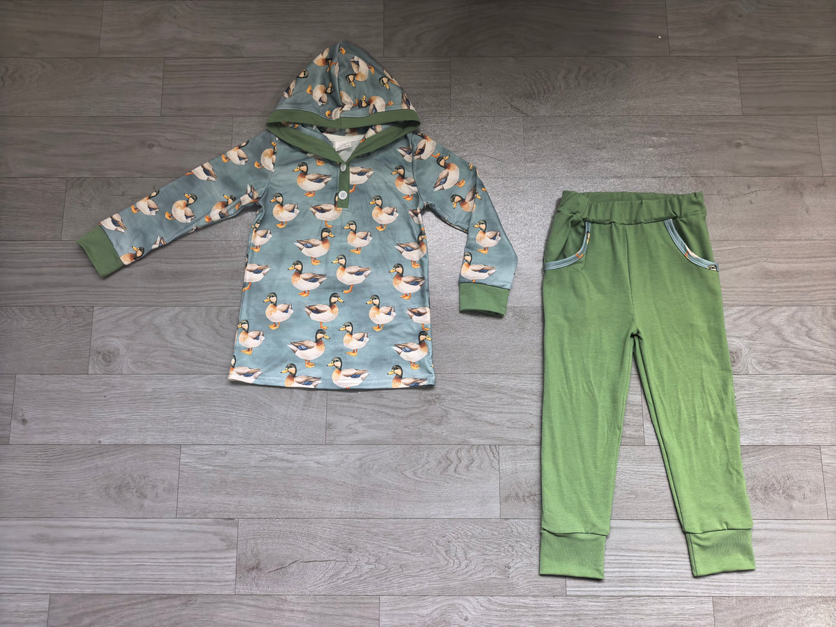 (Sample) No moq milk silk BLP1260 Baby Boys Green Plaid Duck Button Front Hoodie Pockets Pant Outfit Set