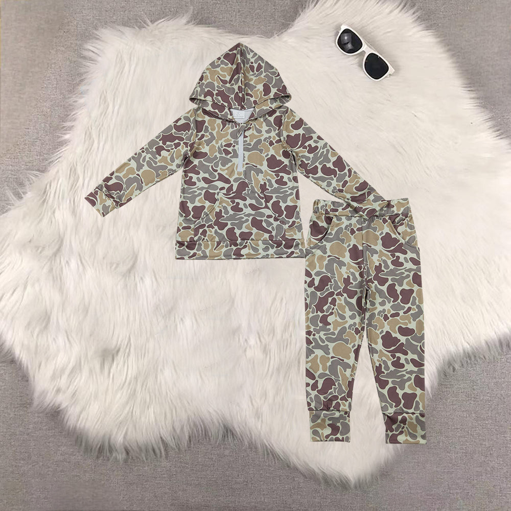 RTS NO MOQ Sibling baby boy clothes Light brown and green camouflage pocket zip-up long-sleeved trousers sets