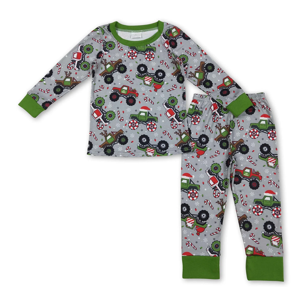 RTS NO MOQ Sibling milk silk Baby Boys Cute Truck Christmas Tree Bamboo Pajama Top Pants Sleep Clothes Sets