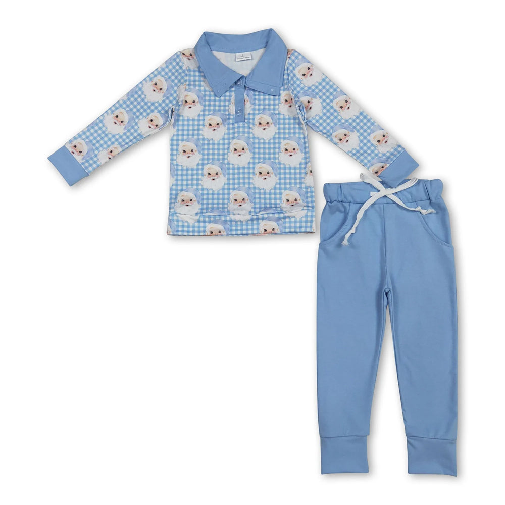 RTS NO MOQ Sibling milk silk Baby Boys Cute Embroidery Santa Green Pocket Top Striped Leggings Christmas Clothes Sets