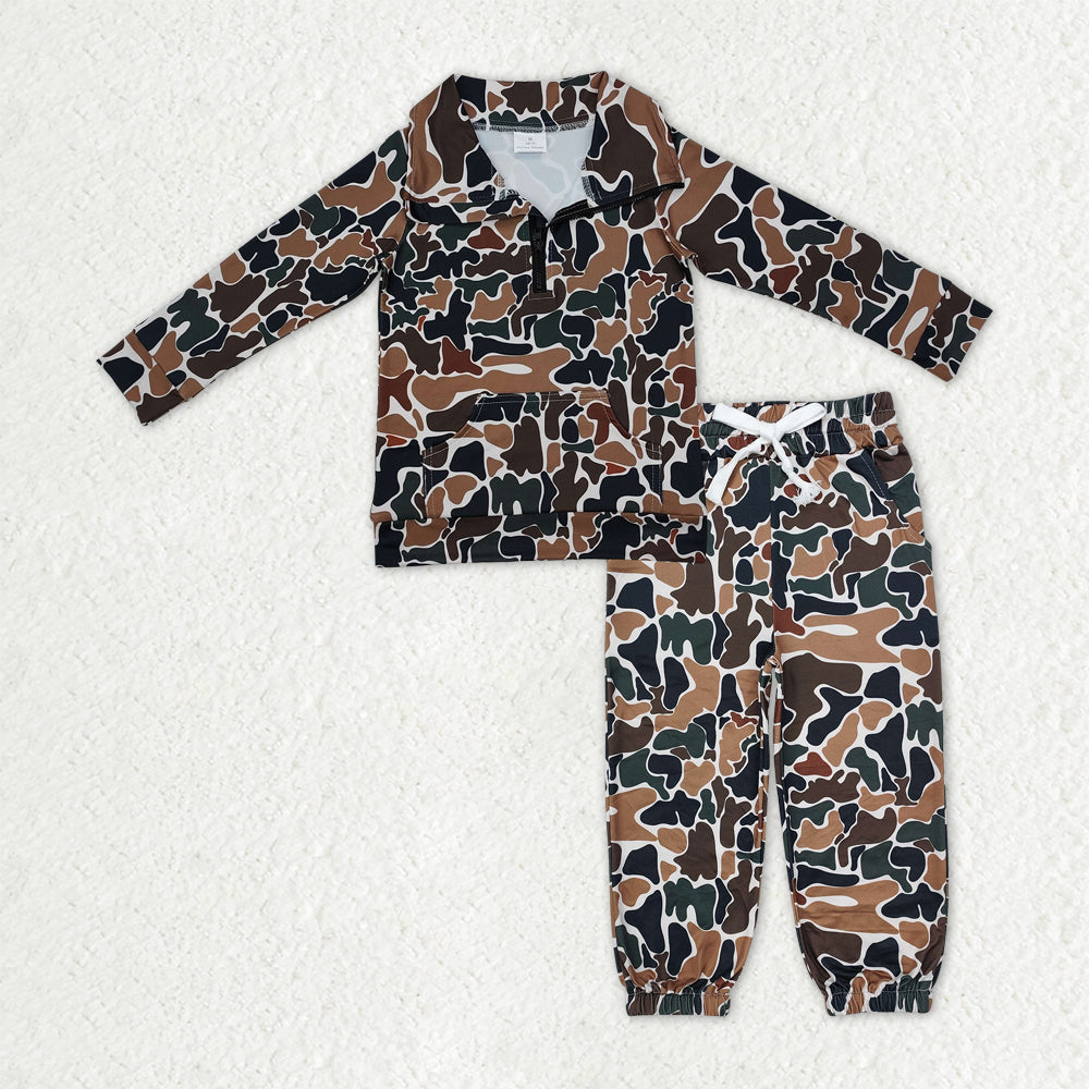 RTS NO MOQ Baby Boys Dark Brown Camo Long Sleeves Pocket Zipper Pullover Top Jogger Pants Clothes Set