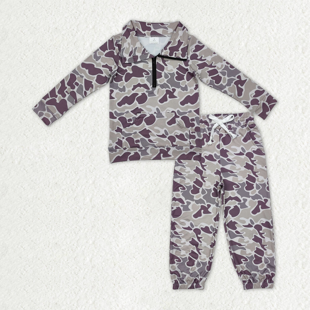 RTS NO MOQ Baby Boys Grey Camo Long Sleeves Pocket Zipper Pullover Top Jogger Pants Clothes Set
