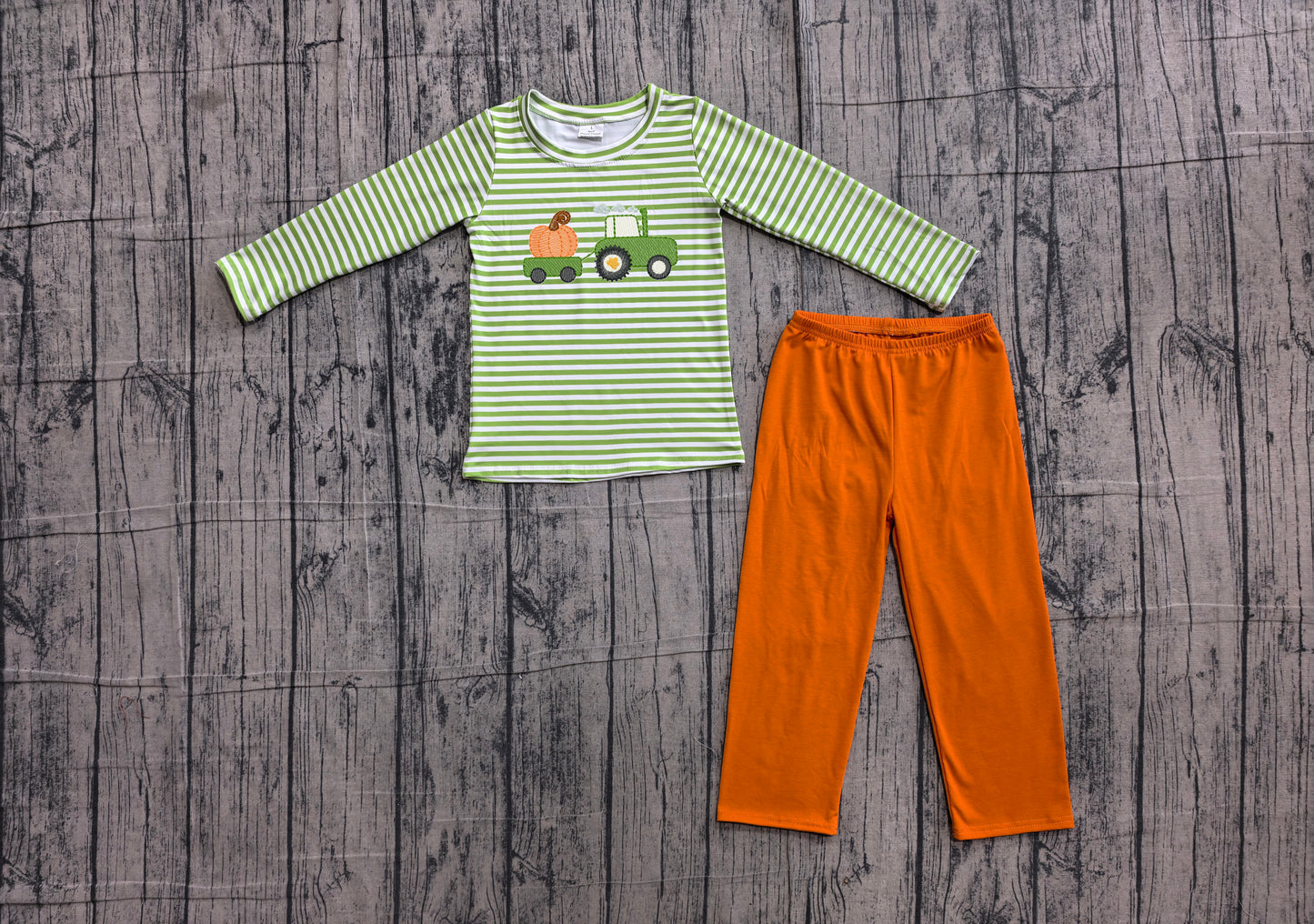 (Sample) No moq BLP1441 Embroidery Baby Boys Green Stripe With Pumpkin Truck Embroidery Top Pant Fall Holiday Clothes Sets