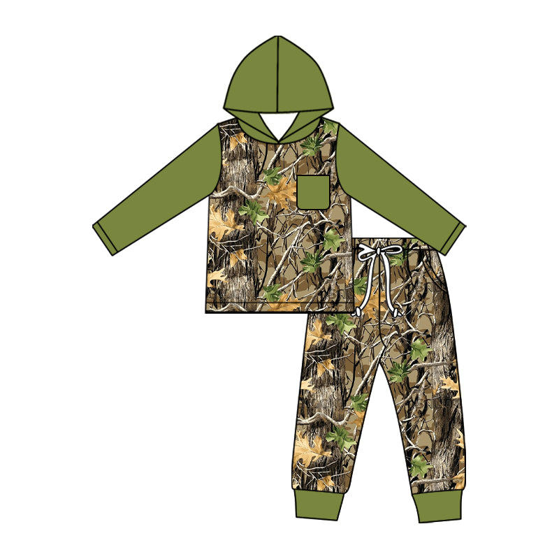 (Pre Order) No moq milk silk Baby Boys Green Leaves Camo Hoodie Pocket Joggers Hunting Outfit Sets