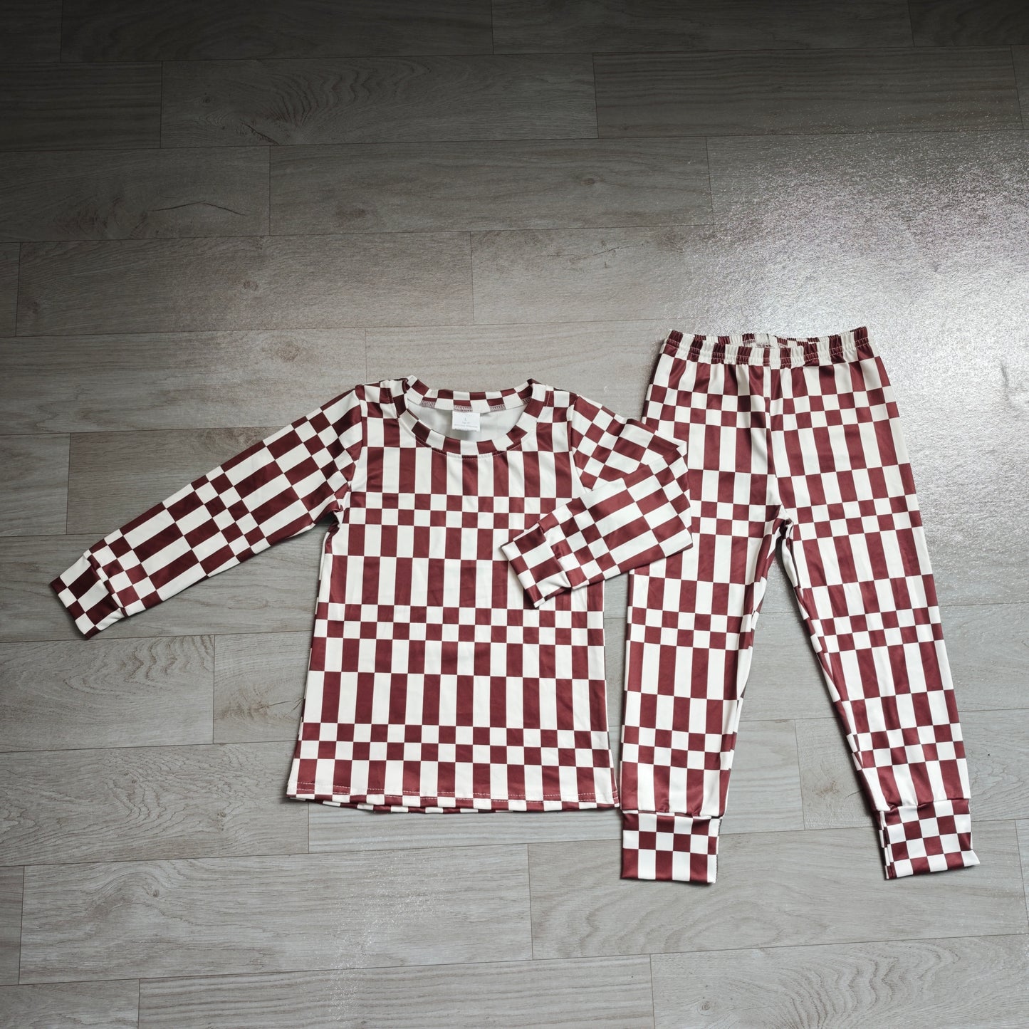 (Sample) No moq milk silk BLP1479 Baby Boys Maroon Check Long Sleeve Top Pants Pajamas Set