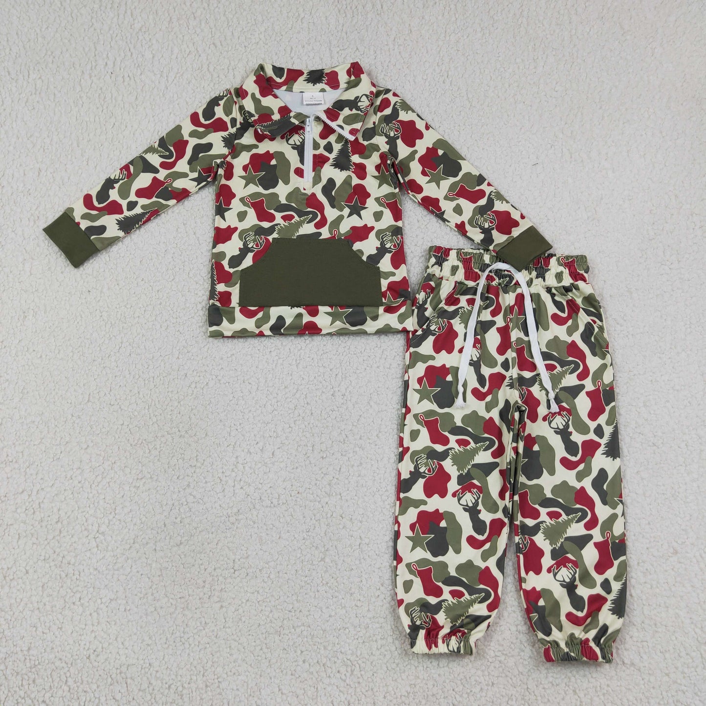 RTS No moq milk silk BLP1486 Baby Boys Red Green Camo Deer Trees Zip Pocket Pullovers Jogger Christmas Clothes Sets