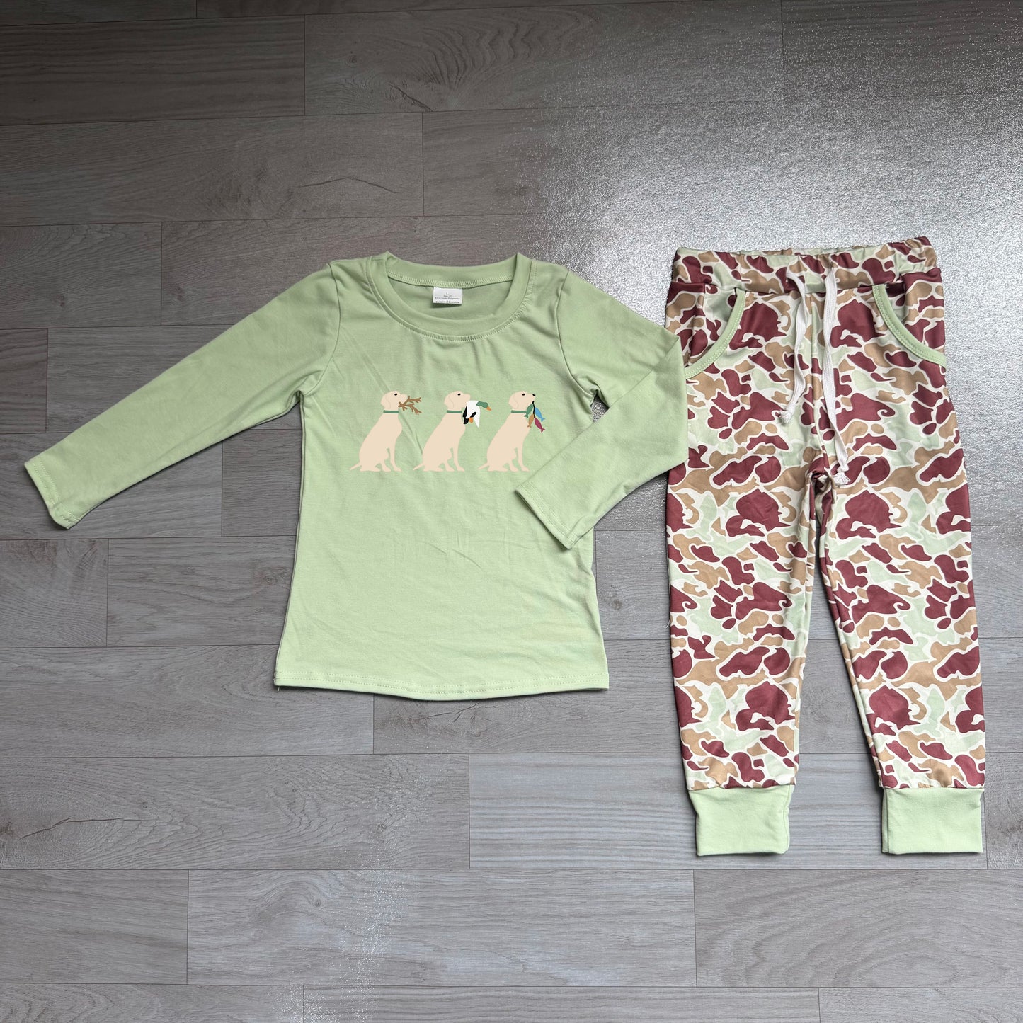 (Sample) No moq milk silk BLP1492 Embroidery Toddler Boys Dog Duck Print Top Matching Camo Pocket Jogger Two Piece Hunting Clothes Set