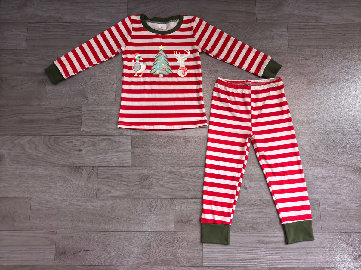 (Sample) No moq milk silk BLP1497 Embroidery Ducks Deer Trees Baby Boys Red Stripe Long Sleeve Top Pant Christmas Sets