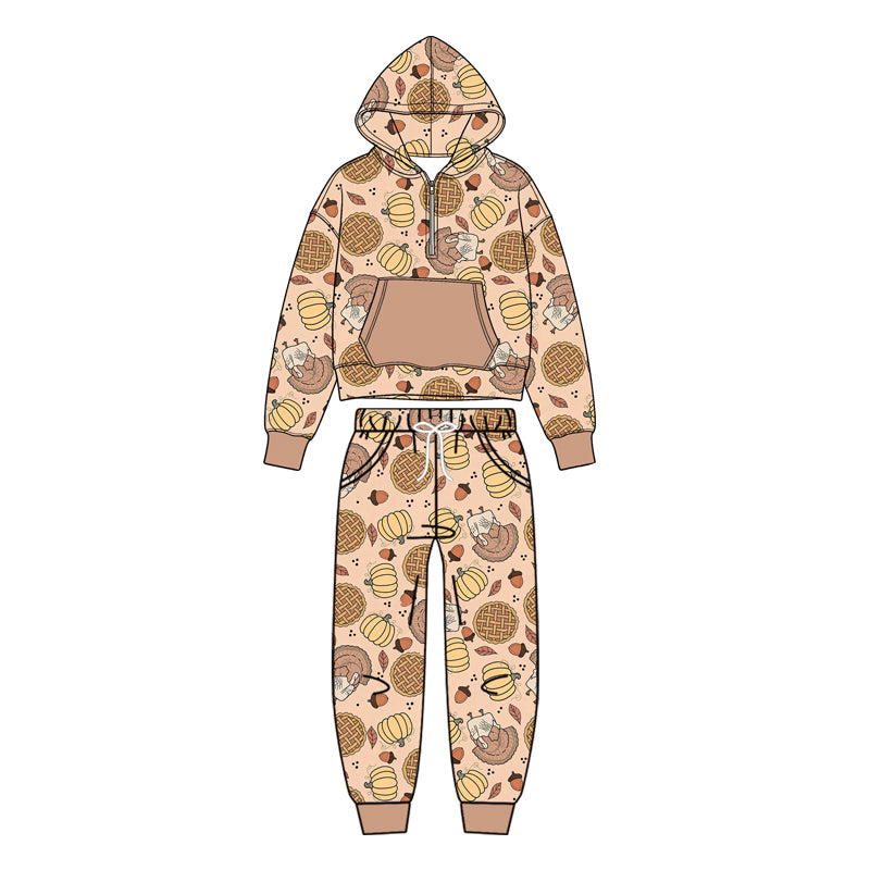 (Preorder new) No moq BLP1504 Baby Boys Banana Print Long Sleeve Zip Hoodie Elastic Waist Pants Outfit Set