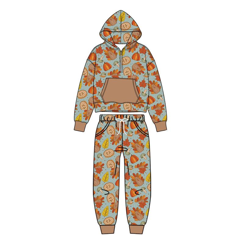 (Preorder new) No moq BLP1505 Baby Boys Turkey Pumpkin Print Long Sleeve Zip Hoodie Elastic Waist Pants Outfit Set
