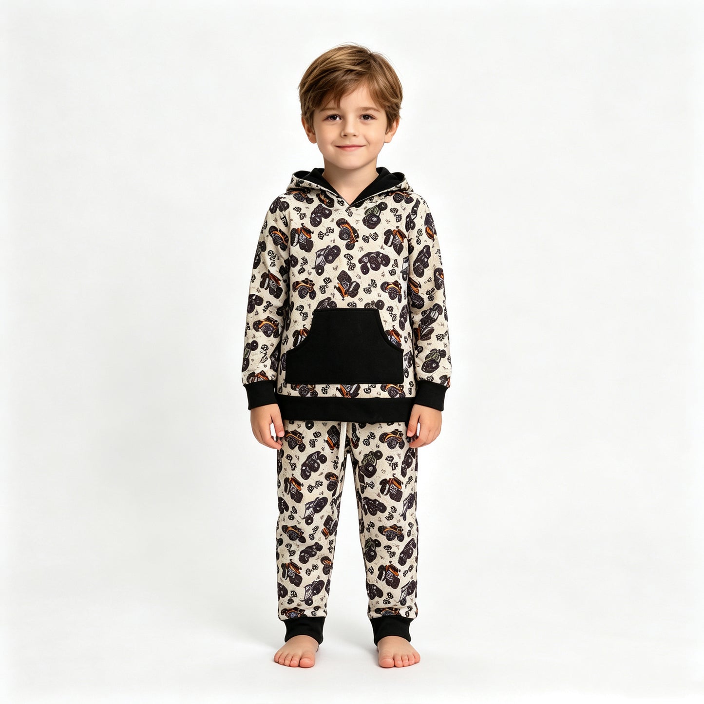 (Sample) No moq milk silk BLP1511 Baby Boys Long Sleeve Flags Motors Print Pocket Hoodie Jogger Pants Outfit