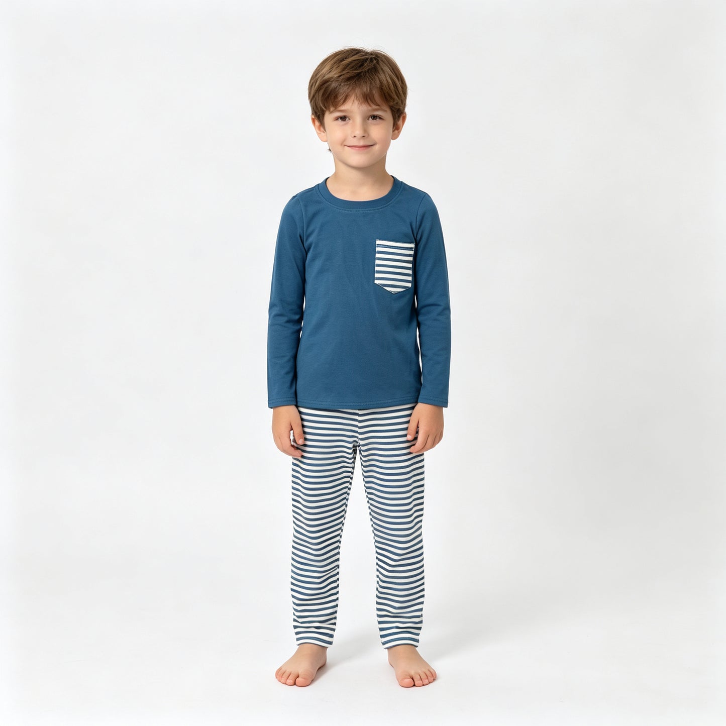 (Sample) No moq milk silk BLP1512 Baby Boys Navy Long Sleeve Pocket Top Stripe Pants Clothes Set Casual Outfit