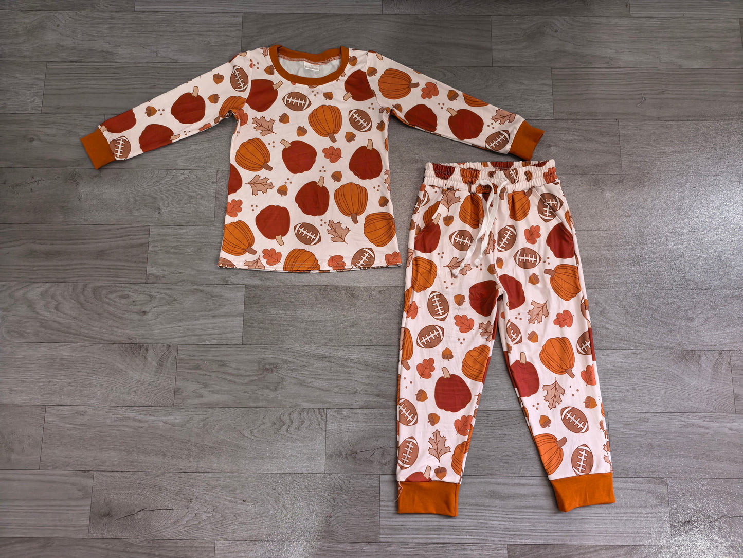 (Sample) No moq milk silk BLP1539(BT1928+P1197)Baby Boys Football Pumpkins Top Pockets Pant Fall Clothes Set Autumn Casual Outfit