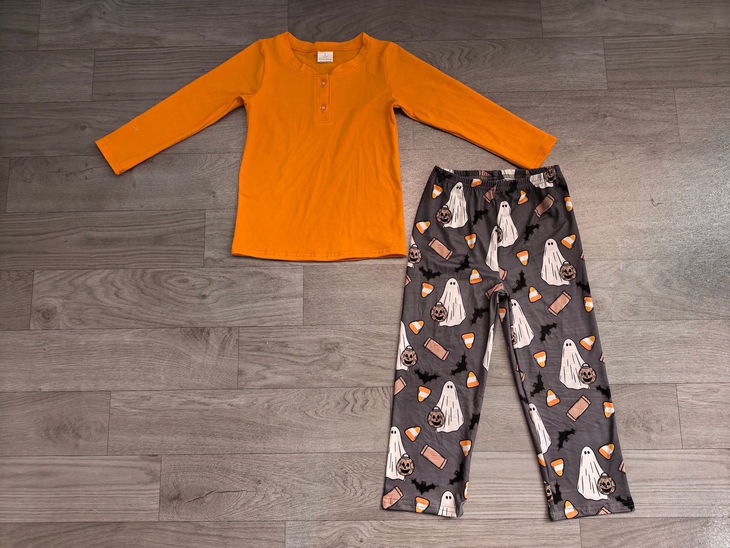 (Sample) No moq milk silk BLP1546 Baby Boys Orange Button Top Ghosts Pumpkins Pant Halloween Clothes Set Fall Holiday Casual Outfit