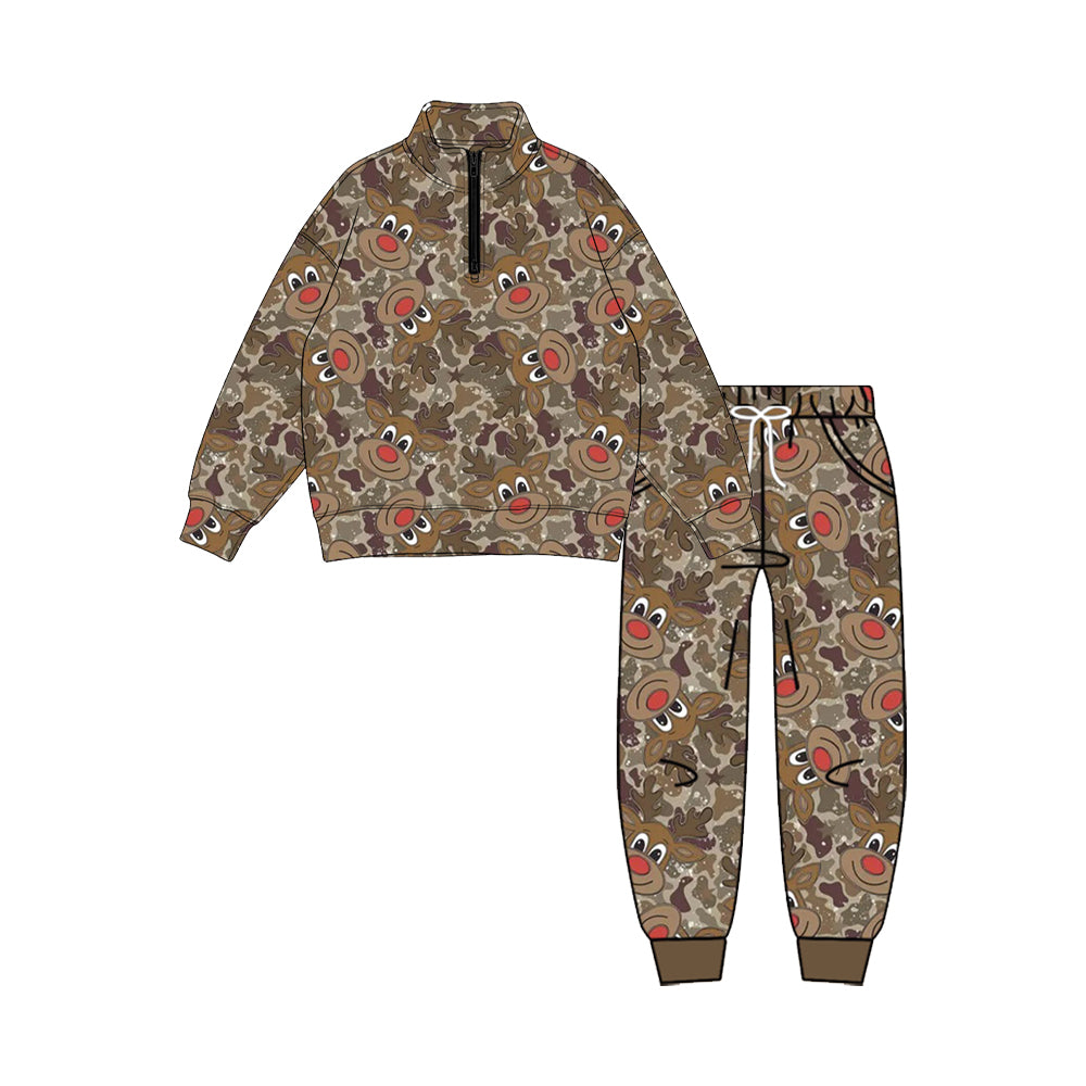(Preorder new) No moq BLP1562(BT1903+P1141)Toddler Boys Christmas Reindeer Camo Print Quarter Zip Pullover And Drawstring Jogger Pant Set Fall Holiday Kids Two Piece Outfit With Side Pockets