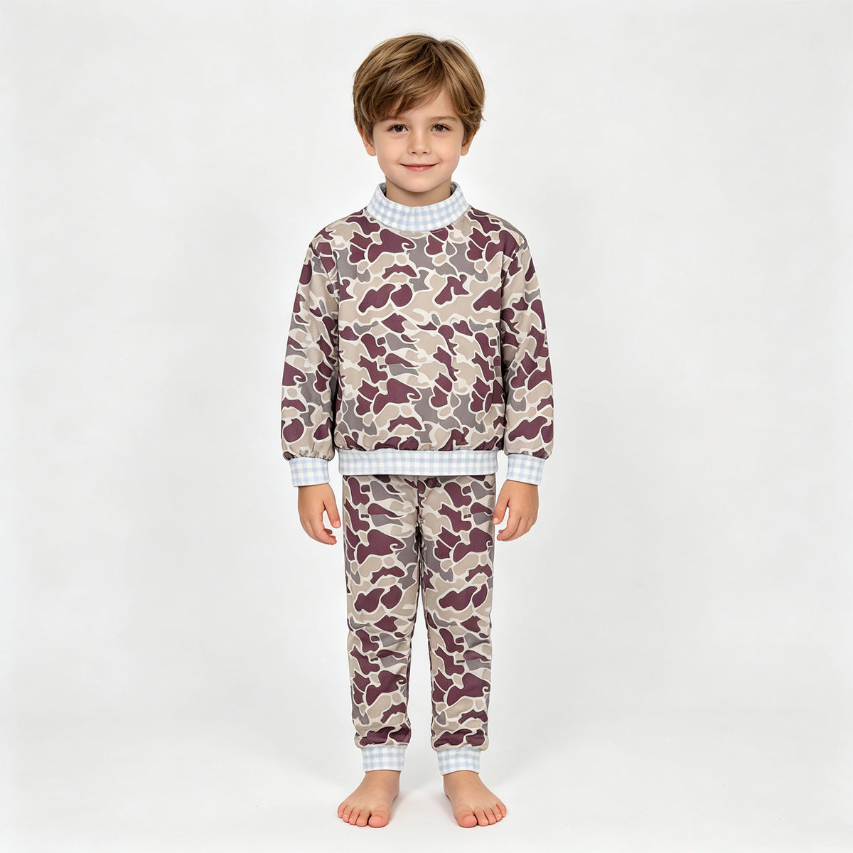 (Sample) No moq milk silk BLP1567(BT1922+P1191)High Neck Baby Boys Grey Camo Print Top And Leggings Pant Casual Set