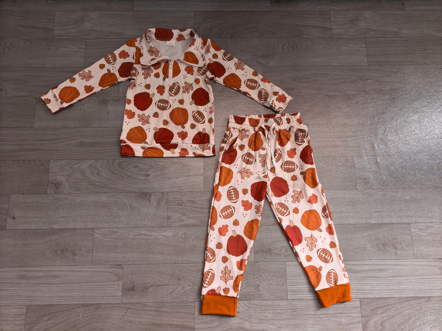 (Sample) No moq milk silk BLP1573(BT1894+P1197)Baby Boys Fall Pumpkin Football Leaf Print Half Zip Collar Long Sleeve Top Jogger Pant Set