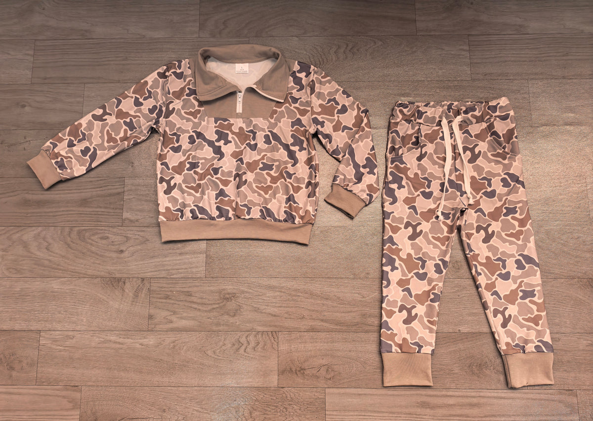(Sample) No moq milk silk BLP1577 Baby Boys Camo Zip Pullover Pockets Joggers Clothes Set Casual Daily Wear