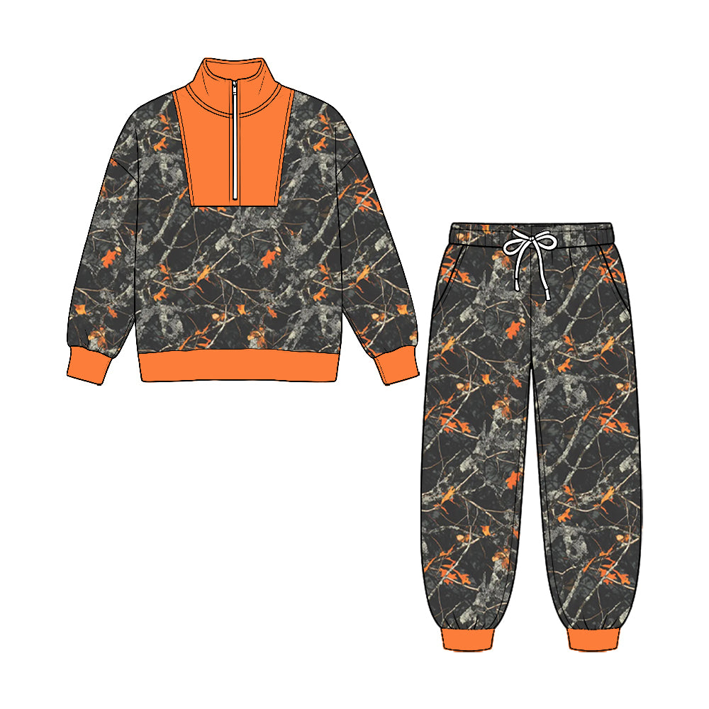 (Preorder new) No moq Baby Boys Camo Zip Pullover Pockets Jogger Hunting Clothes Sets Fall Outfit