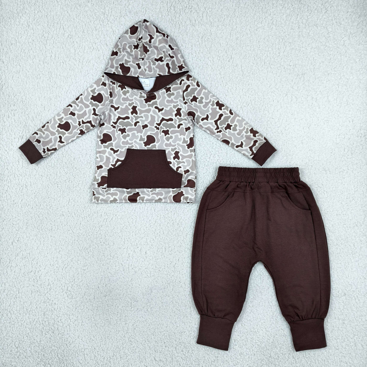NEW RTS NO MOQ milk silk BLP1598 Baby Boys Khaki Camo Hooded Top Pockets Jogger Matching Clothes Set