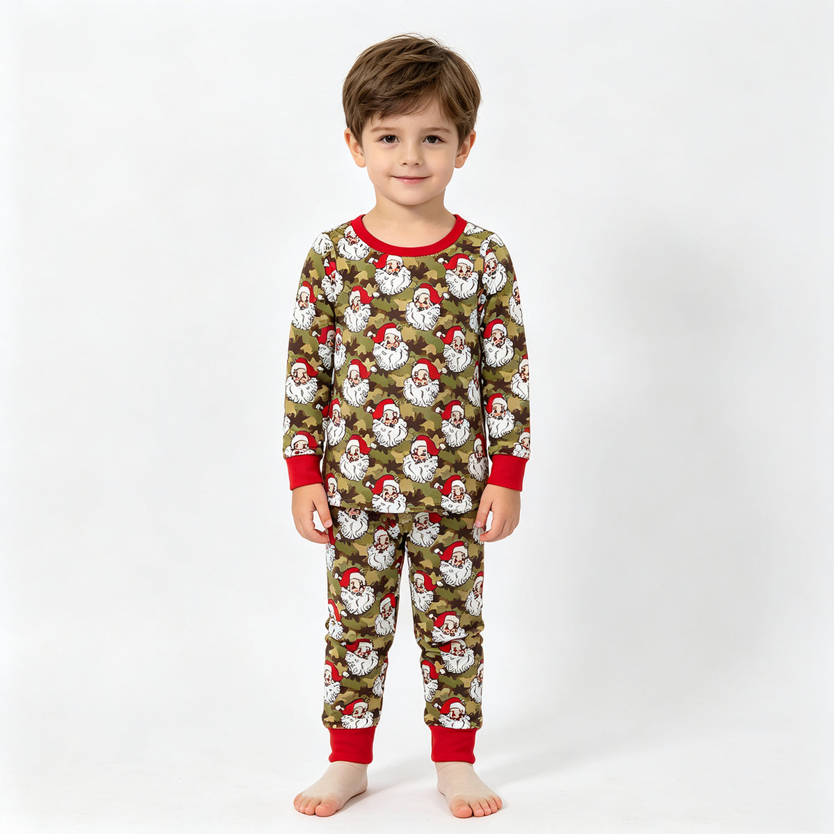 (Sample) No moq milk silk BLP1600 Baby Boys Green Camo Santa Print Long Sleeve Top Elastic Waist Pant Christmas Pajamas Sets