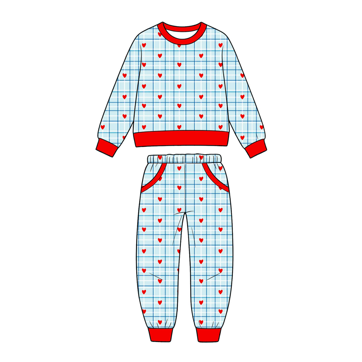 (Preorder new) No moq Baby Girls And Boys Valentines Heart Gingham Print Long Sleeve Sweatshirt And Pant Set