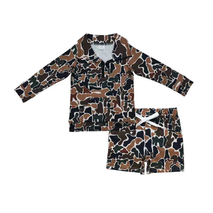 RTS NO MOQ Baby Boys Dark Brown Camo Zipper Pocket Pullover Pockets Shorts Southern Clothes Sets