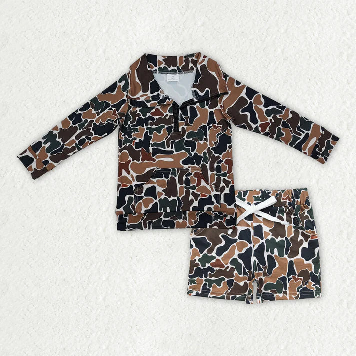 RTS NO MOQ(In Stock) Baby Boys Long Sleeve Camo Zipper Pullover Pockets Shorts Southern Clothes Set
