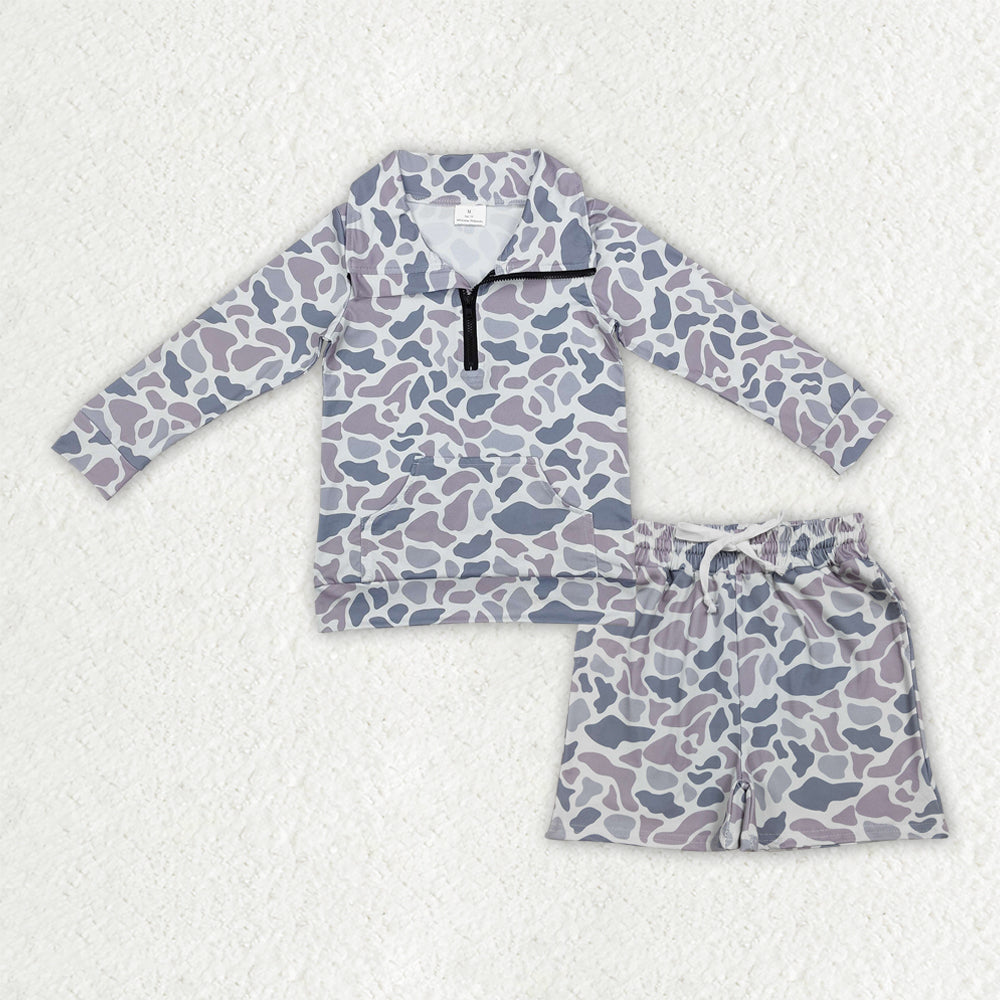 RTS NO MOQ(In Stock) Baby boy clothes camouflage gray long-sleeved shirt summer shorts sets-BLS0026