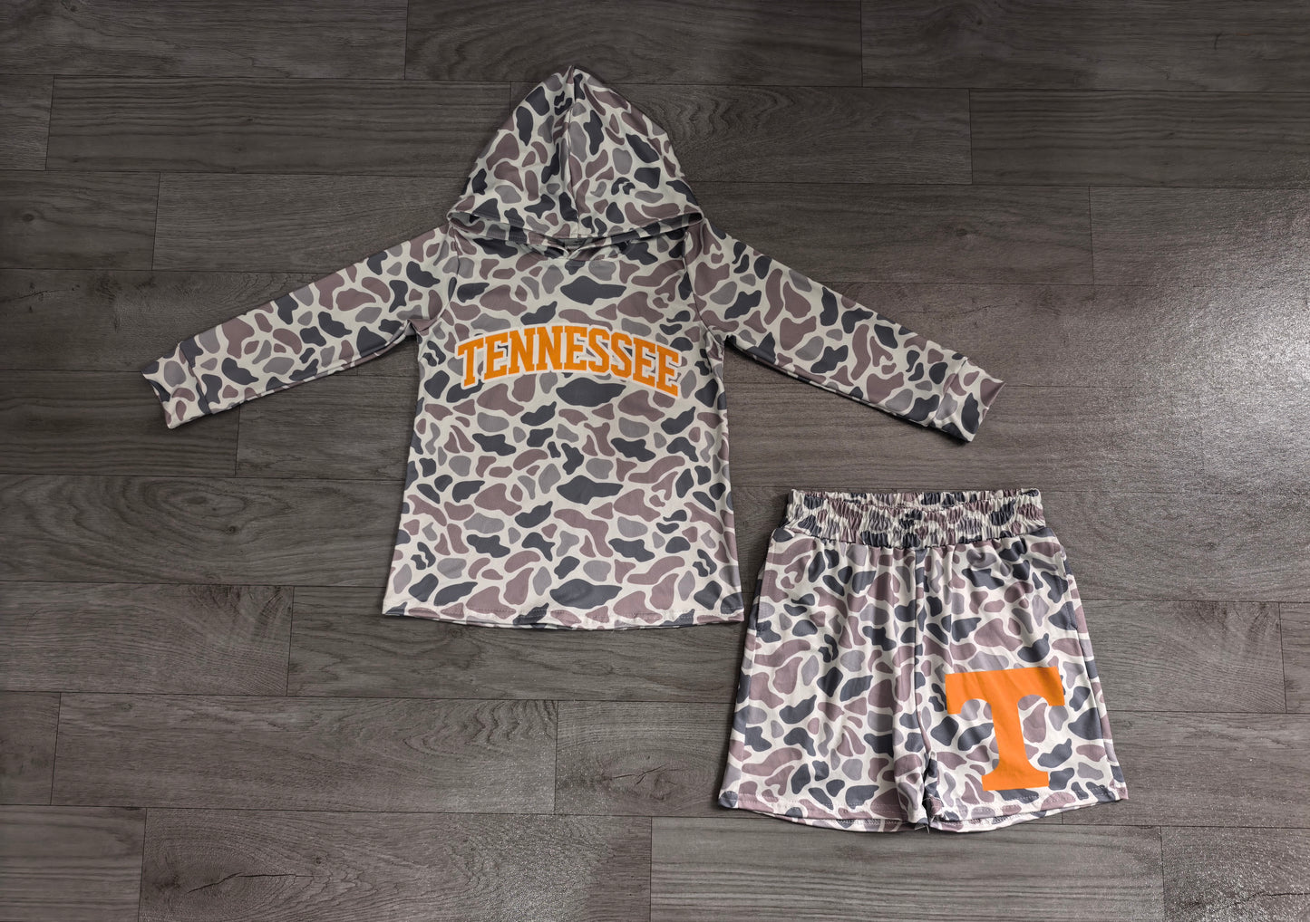 (Sample) No moq milk silk BLS0042 Baby Boys Grey Camo Orange Letter Print Long Sleeve Hoodie Casual Shorts Team Daily Clothes Set