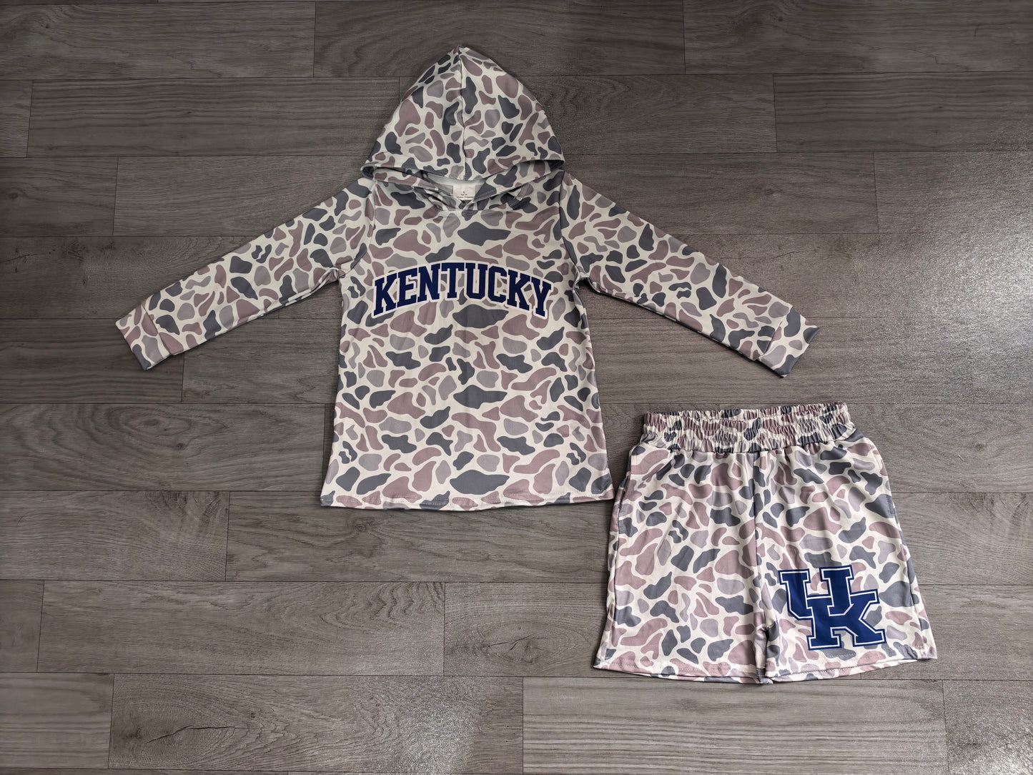 (Sample) No moq milk silk BLS0043 Baby Boys Grey Camo Navy Blue Letter Print Long Sleeve Hoodie Casual Shorts Team Daily Clothes Set