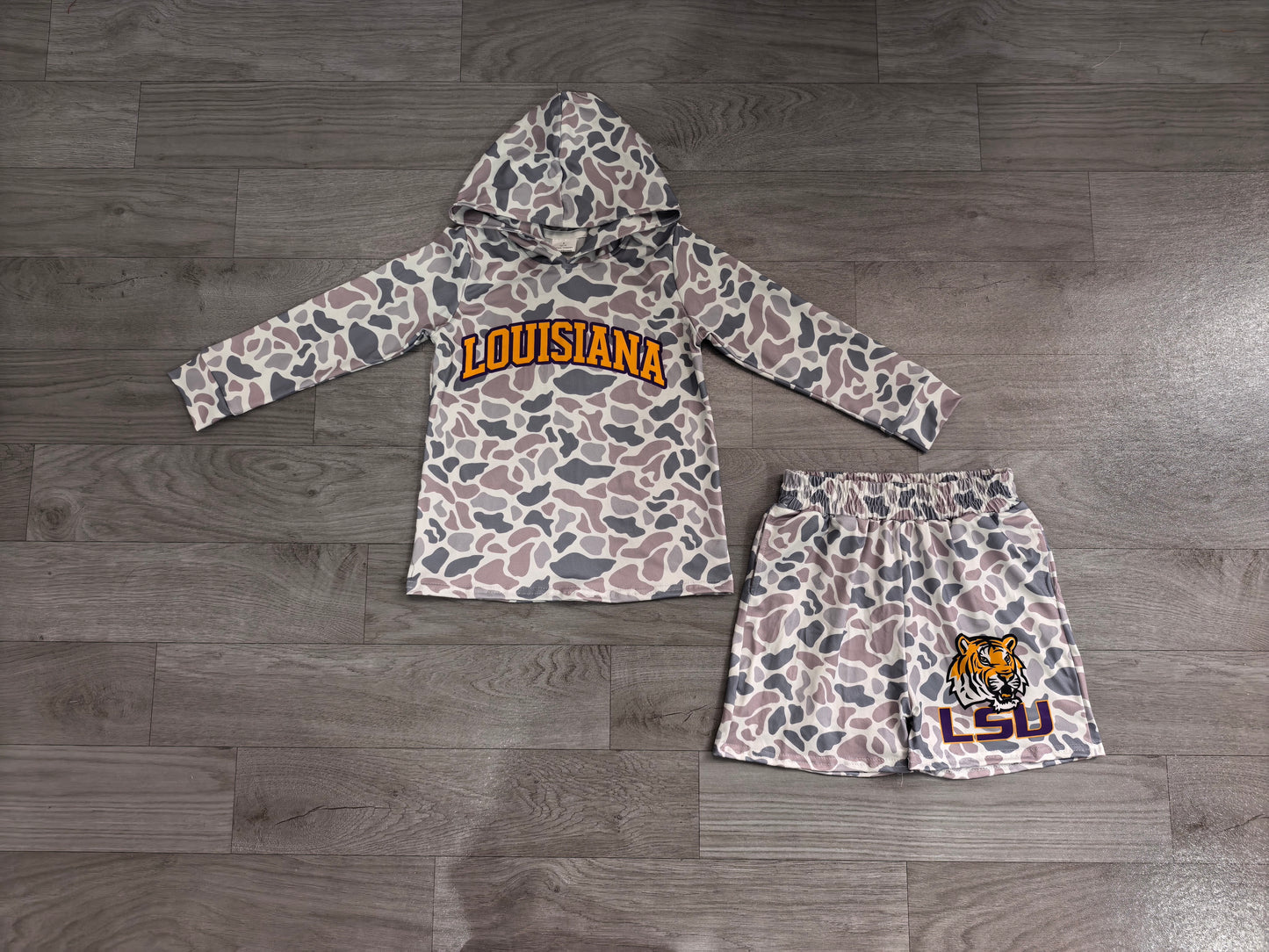 (Sample) No moq milk silk BLS0045 Baby Boys Grey Camo Letter Print Long Sleeve Hoodie Casual Shorts Team Set