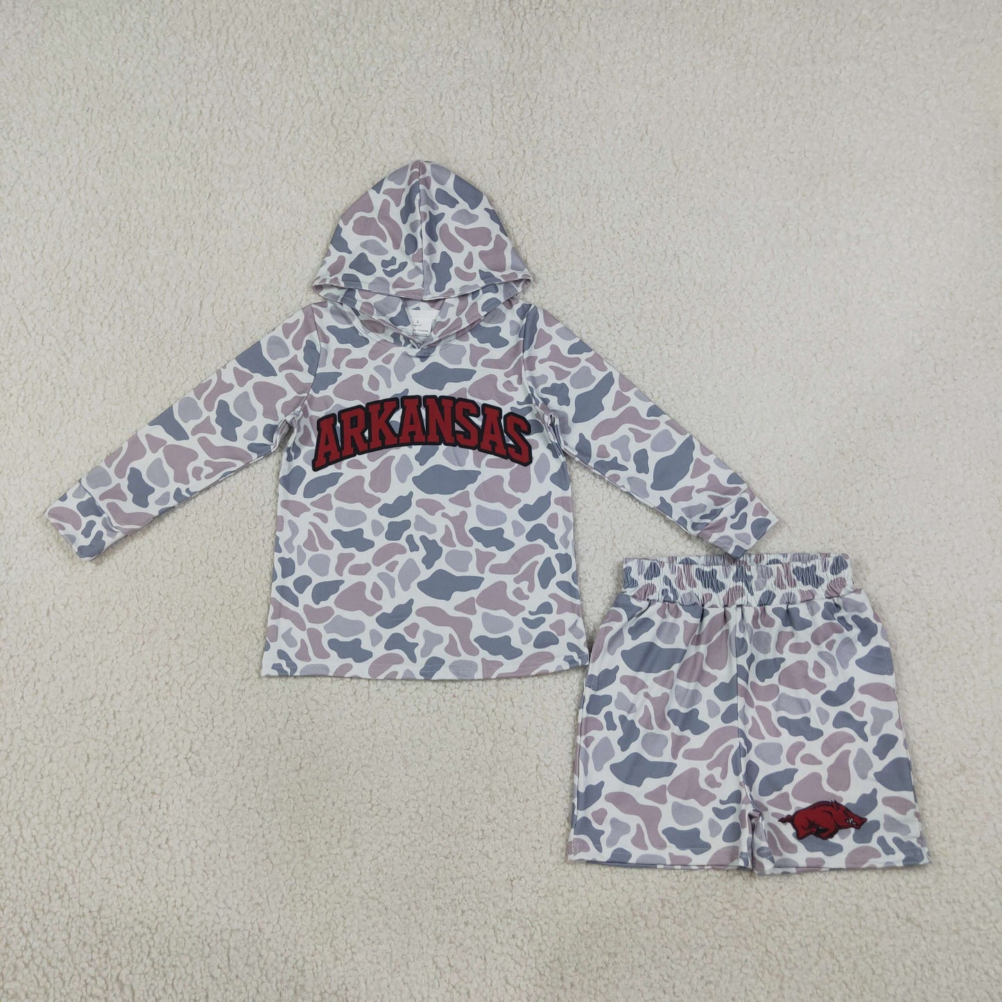 NEW RTS NO MOQ milk silk BLS0046 Baby Boys Grey Camo Letter Print Long Sleeve Hoodie Tops Shorts Team Clothes Set